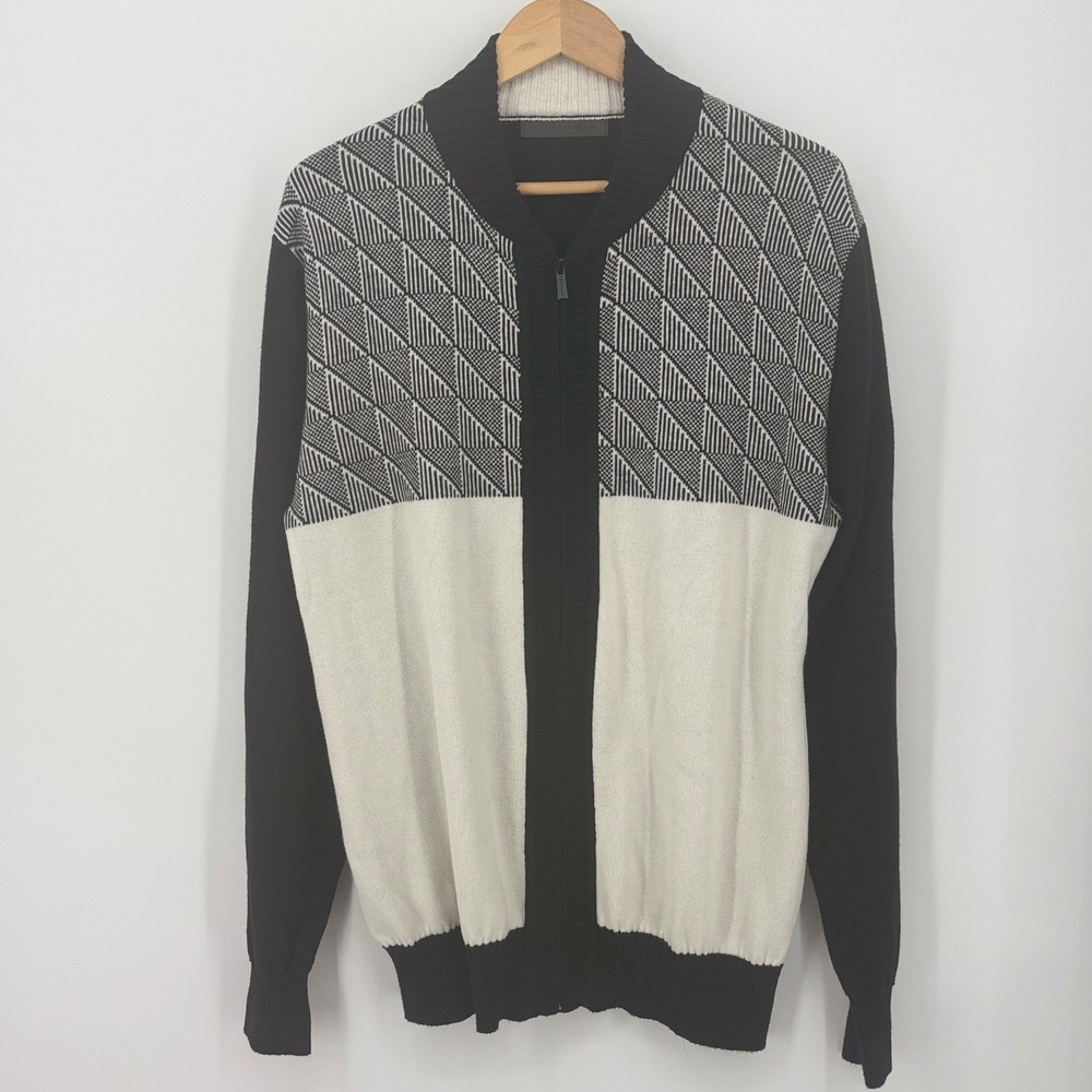 Sean John Mens XL Full Zip Cardigan Sweater Black White Geometric Streetwear